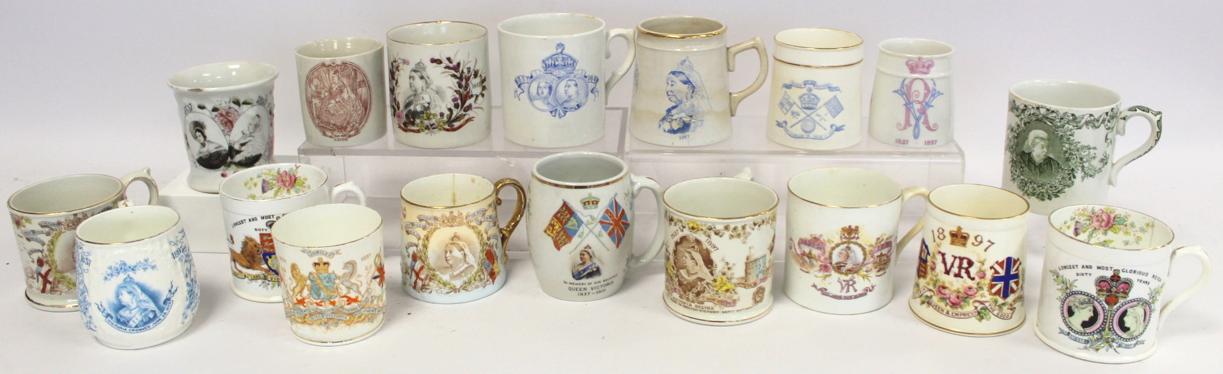 Collection of sixteen commemorative mugs and a beaker for the Jubilees of Queen Victoria 1887 and