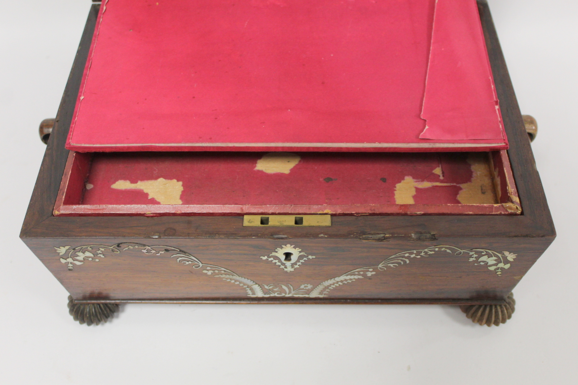 Early 19th century Regency rosewood workbox of twin handled sarcophagus form on four reeded bun - Image 13 of 13