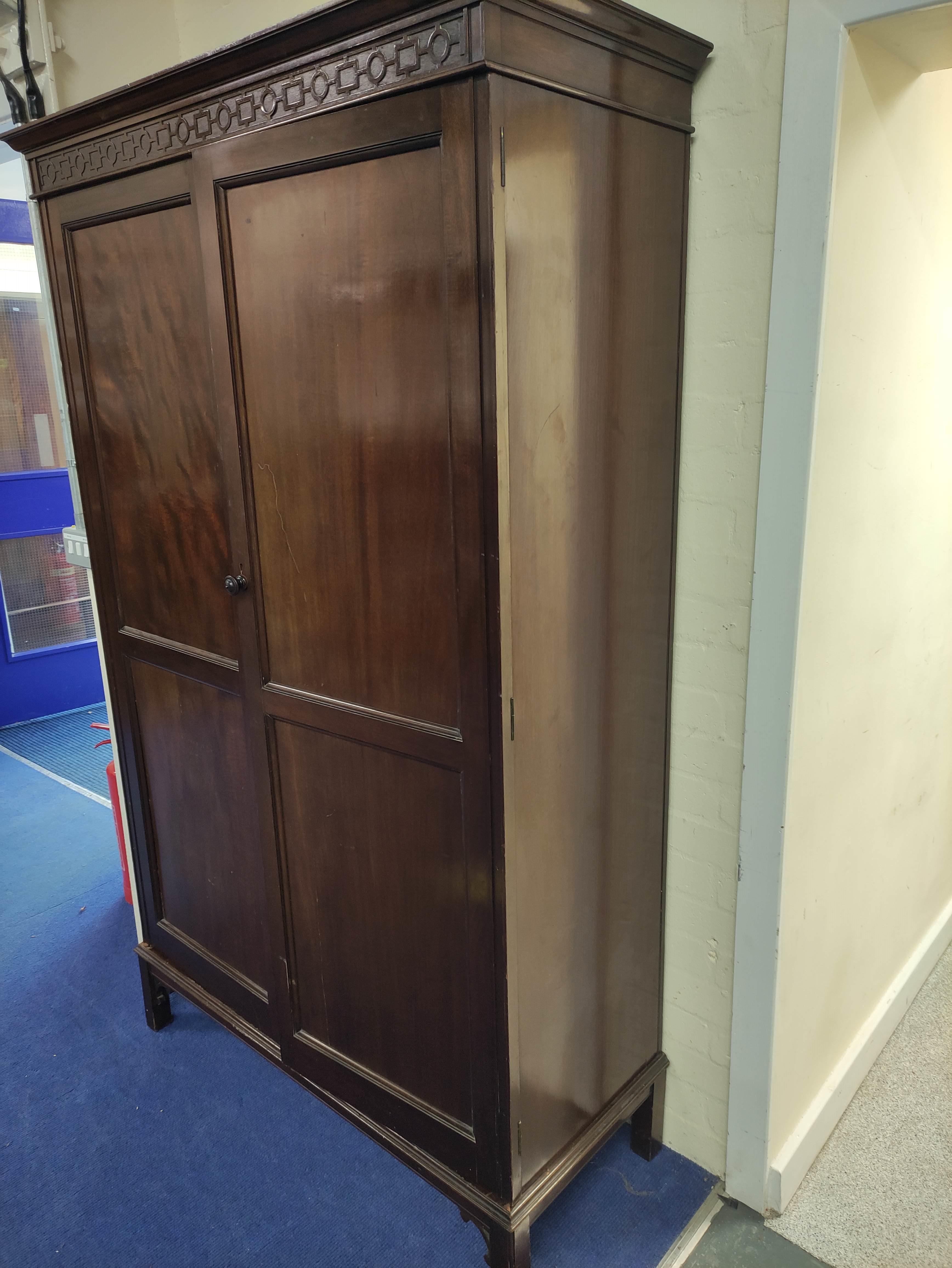 20th century mahogany wardrobe, the pair of double panel doors enclosing interior with hanging - Image 4 of 5