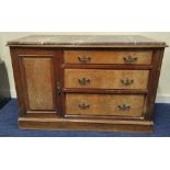 Victorian washstand chest, marble top over three drawers, flanked by panel door cupboard. 112cm.