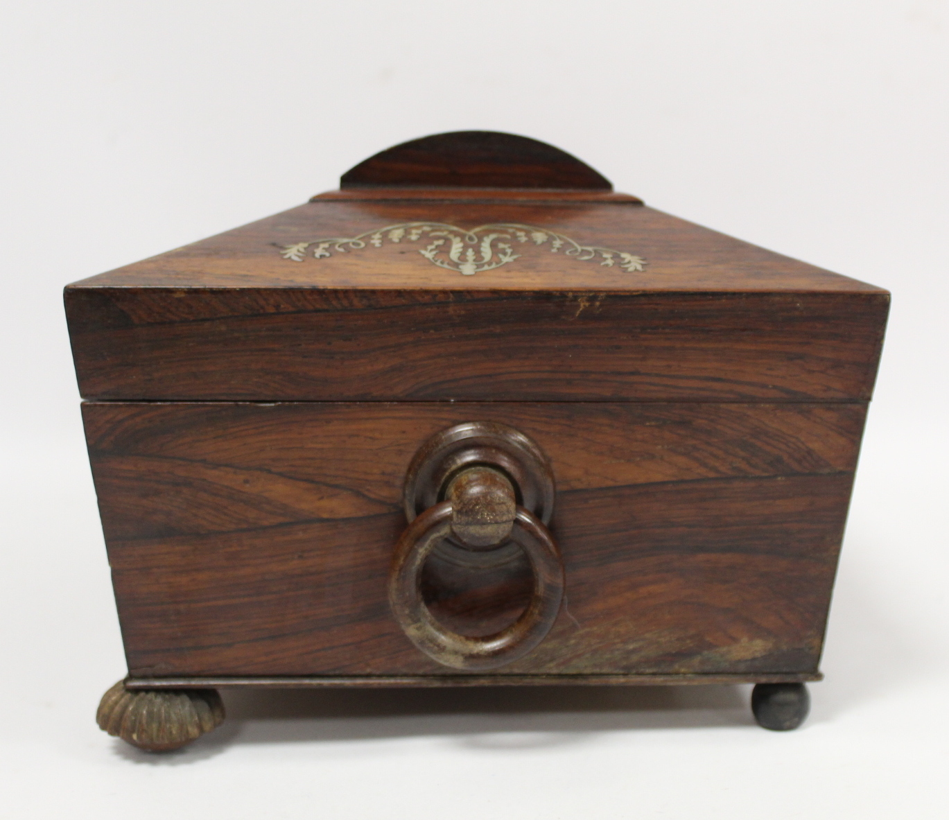 Early 19th century Regency rosewood workbox of twin handled sarcophagus form on four reeded bun - Image 5 of 13