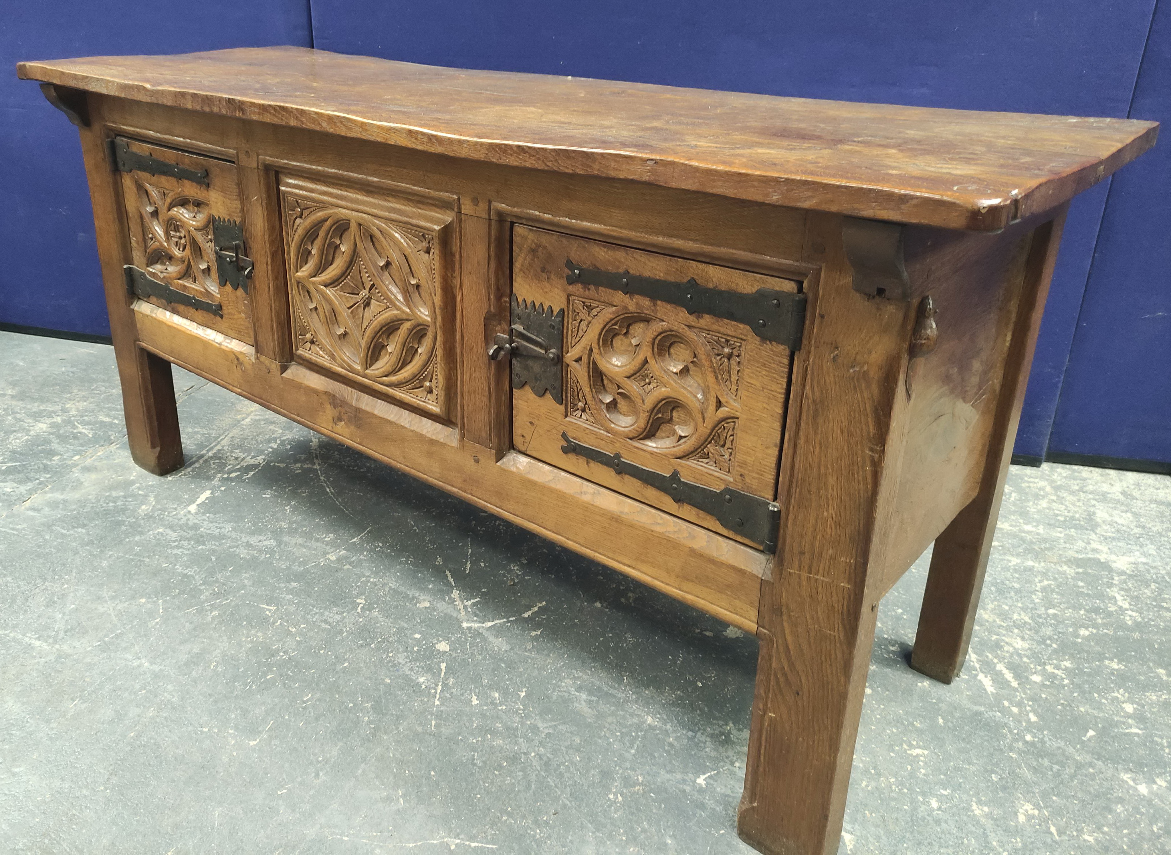 Robert "Mouseman" Thompson, oak sideboard, the rectangular top with scroll incised corners above - Image 3 of 10