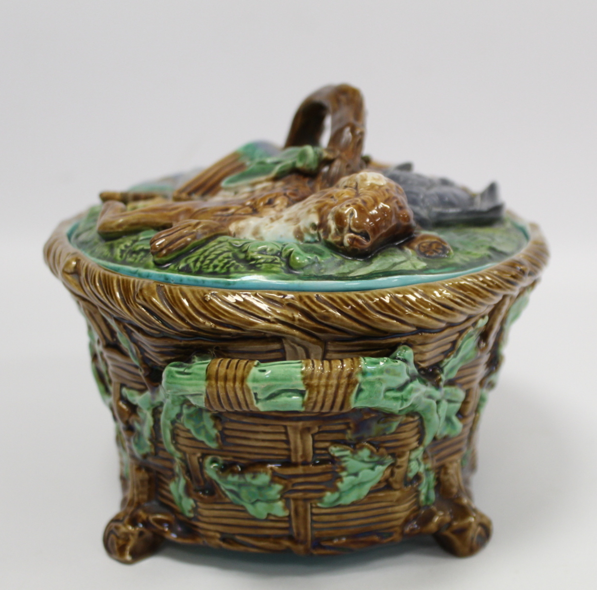 Victorian Minton majolica game pie tureen of twin handled oval form, the relief moulded naturalistic - Image 7 of 22