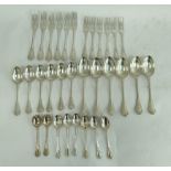 Service of silver flatware, Lily pattern, comprising six of each table and dessert spoons and