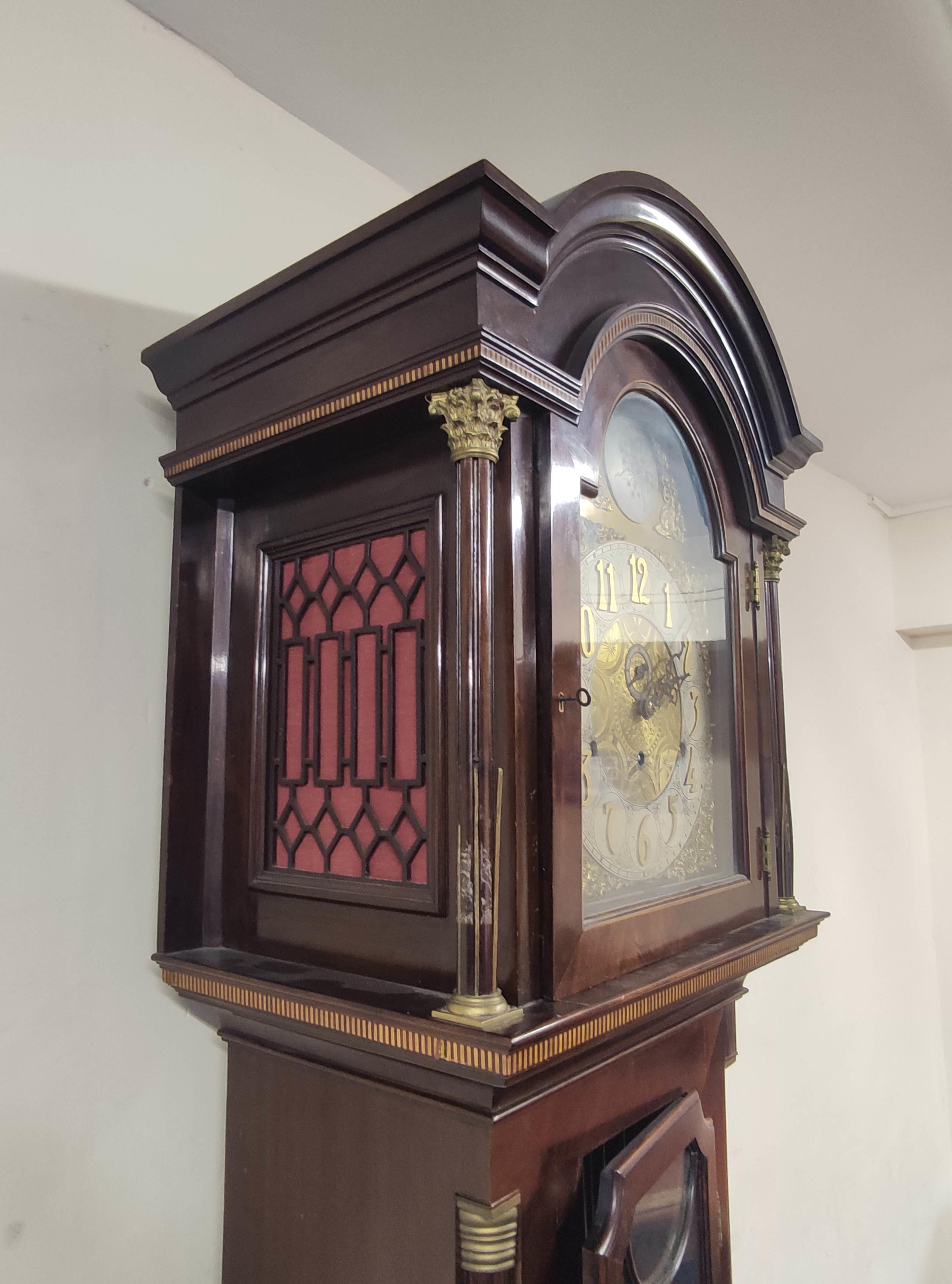 Early 20th century Continental three train long case clock, with silvered and brass dial, selection - Image 7 of 7