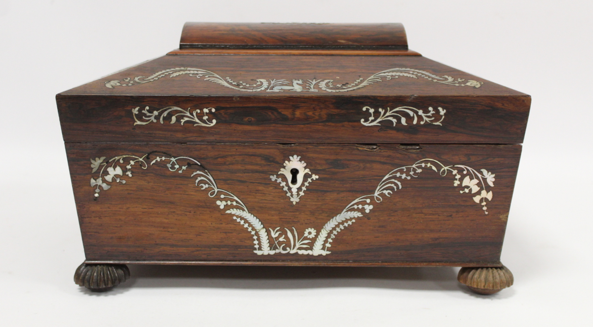 Early 19th century Regency rosewood workbox of twin handled sarcophagus form on four reeded bun - Image 2 of 13