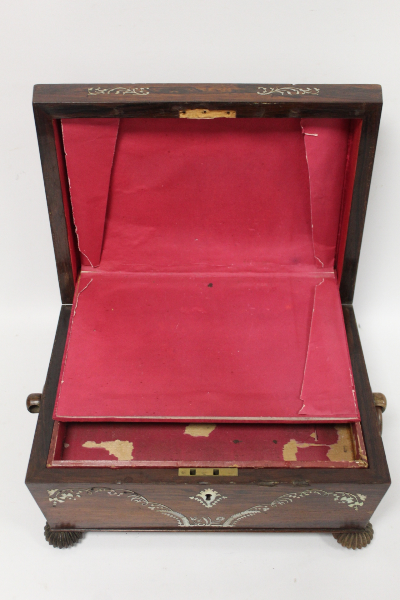 Early 19th century Regency rosewood workbox of twin handled sarcophagus form on four reeded bun - Image 11 of 13