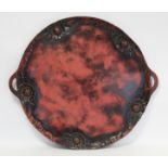 Late 19th/early 20th century Japanese mottled red and black lacquer tray of large twin handled