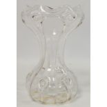 Art Nouveau clear glass vase of waisted form with frilled rim and applied peacock type prunts in the