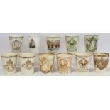 Ten Doulton Burslem commemorative beakers for the Jubilees of Queen Victoria 1887 and 1897; also a