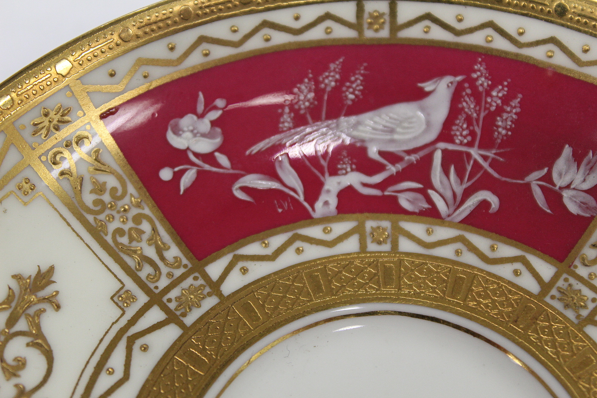 Minton bone china pate sur pate cabinet cup and saucer with cerise and white panels of exotic - Image 25 of 26