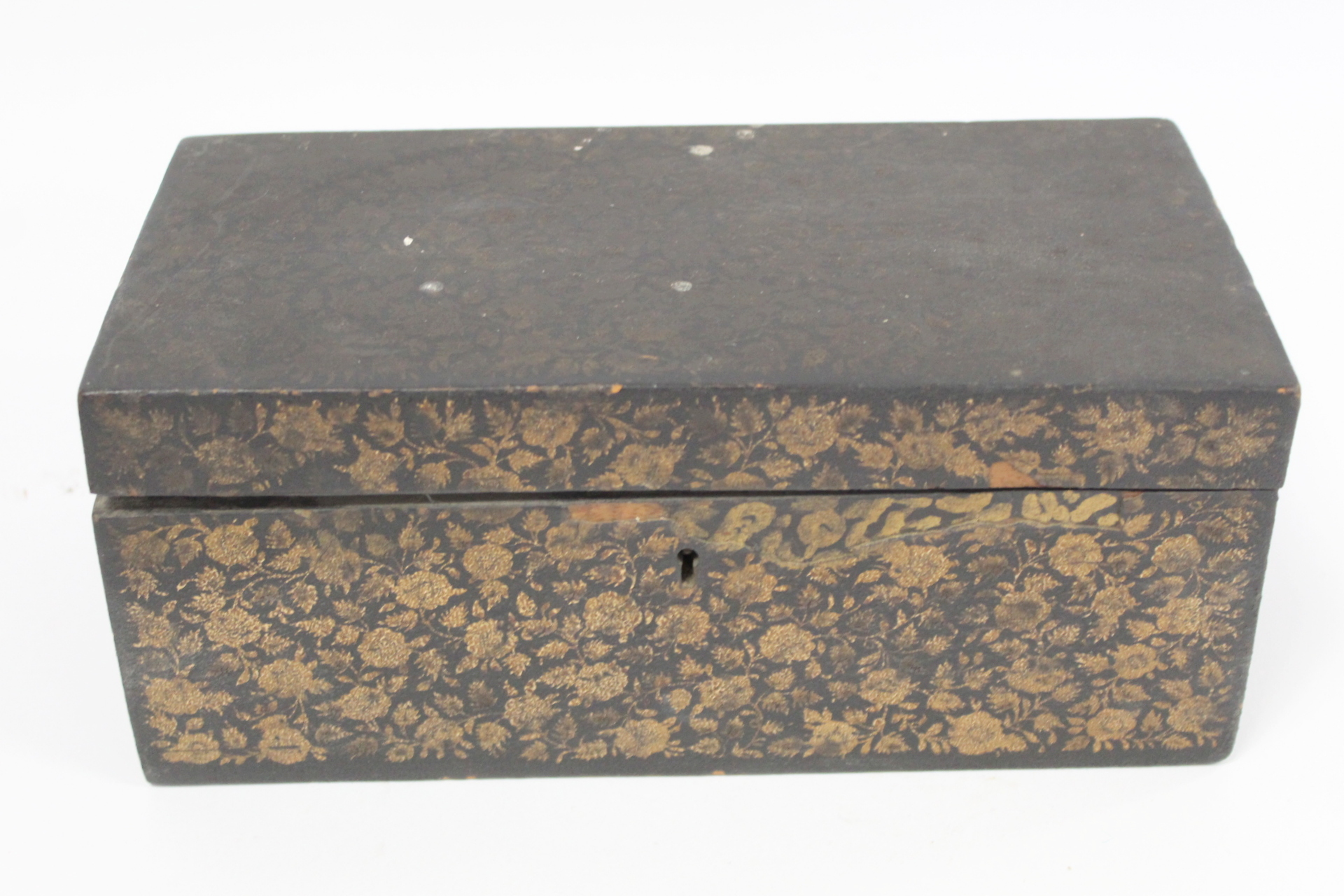 Early 19th century Chinese export black lacquer box on pierced stand with painted gilt floral and - Image 5 of 13