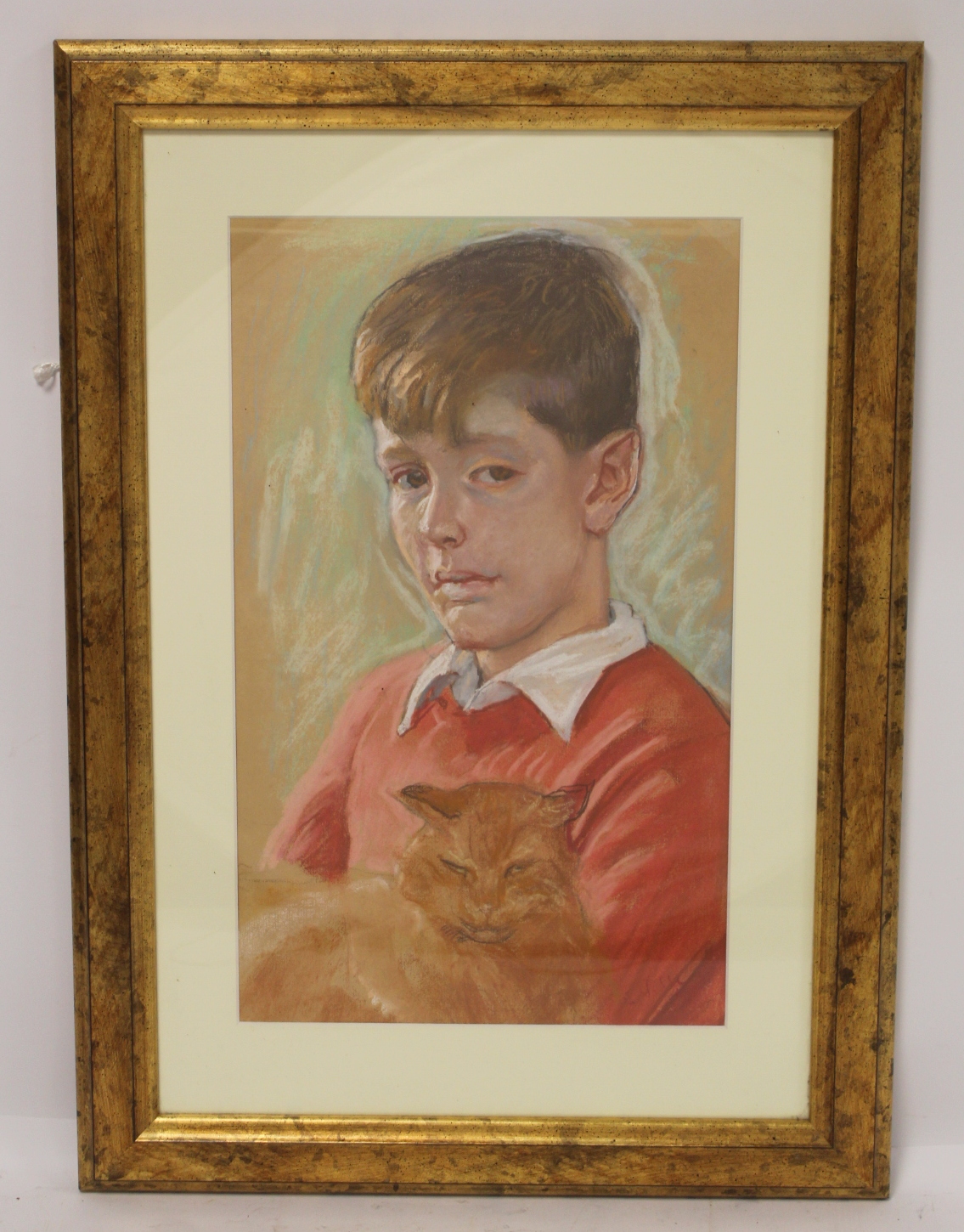 Edward Wolfe (British 1896-1981). Portrait of a boy holding a cat. Chalk pastels on buff paper. 43cm