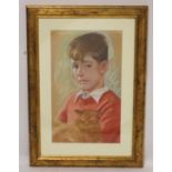 Edward Wolfe (British 1896-1981). Portrait of a boy holding a cat. Chalk pastels on buff paper. 43cm