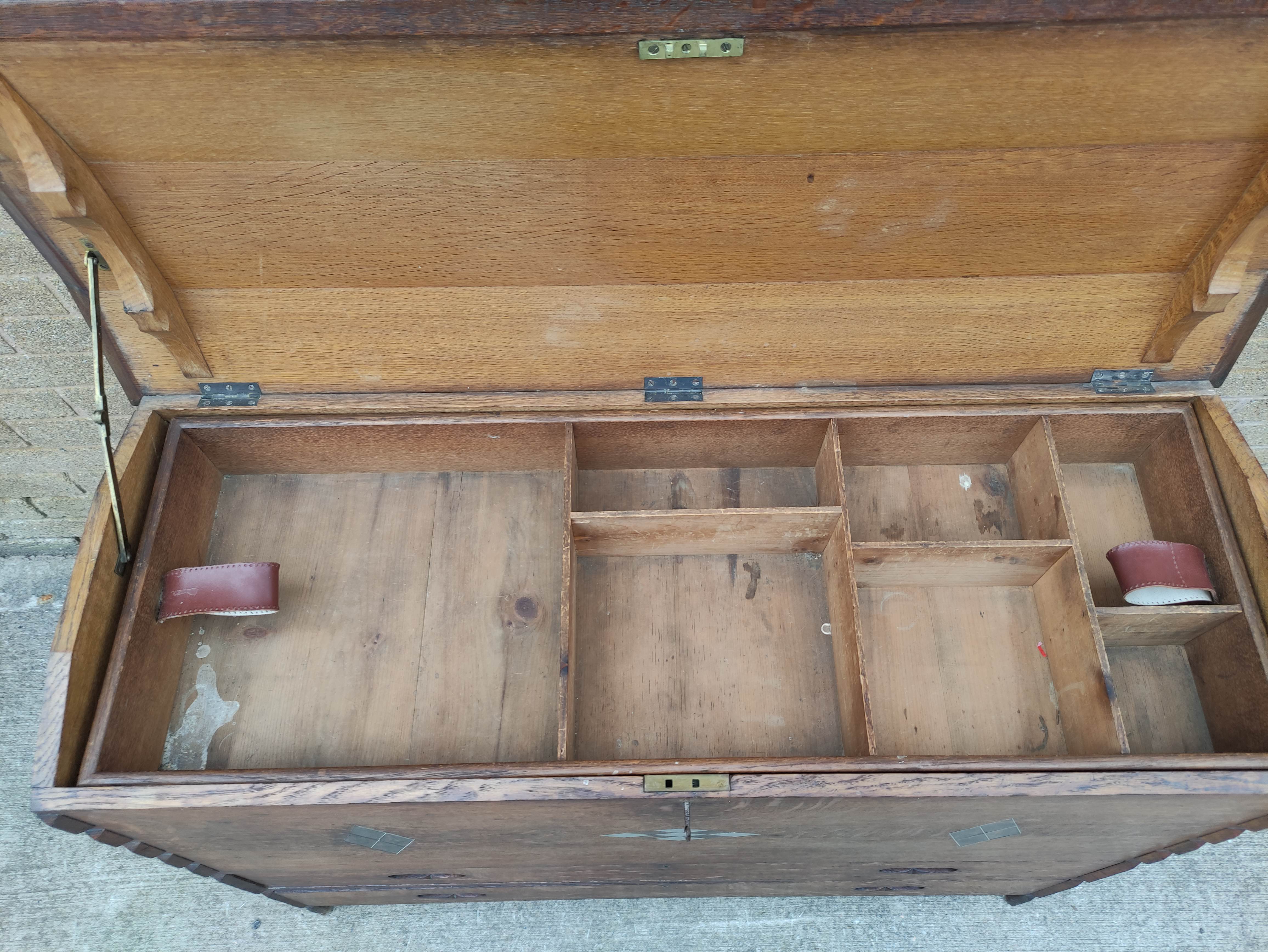 Rare Arts and Crafts coffer chest, attributed to  Heals, with tapering sides, angled rising top, - Image 4 of 7