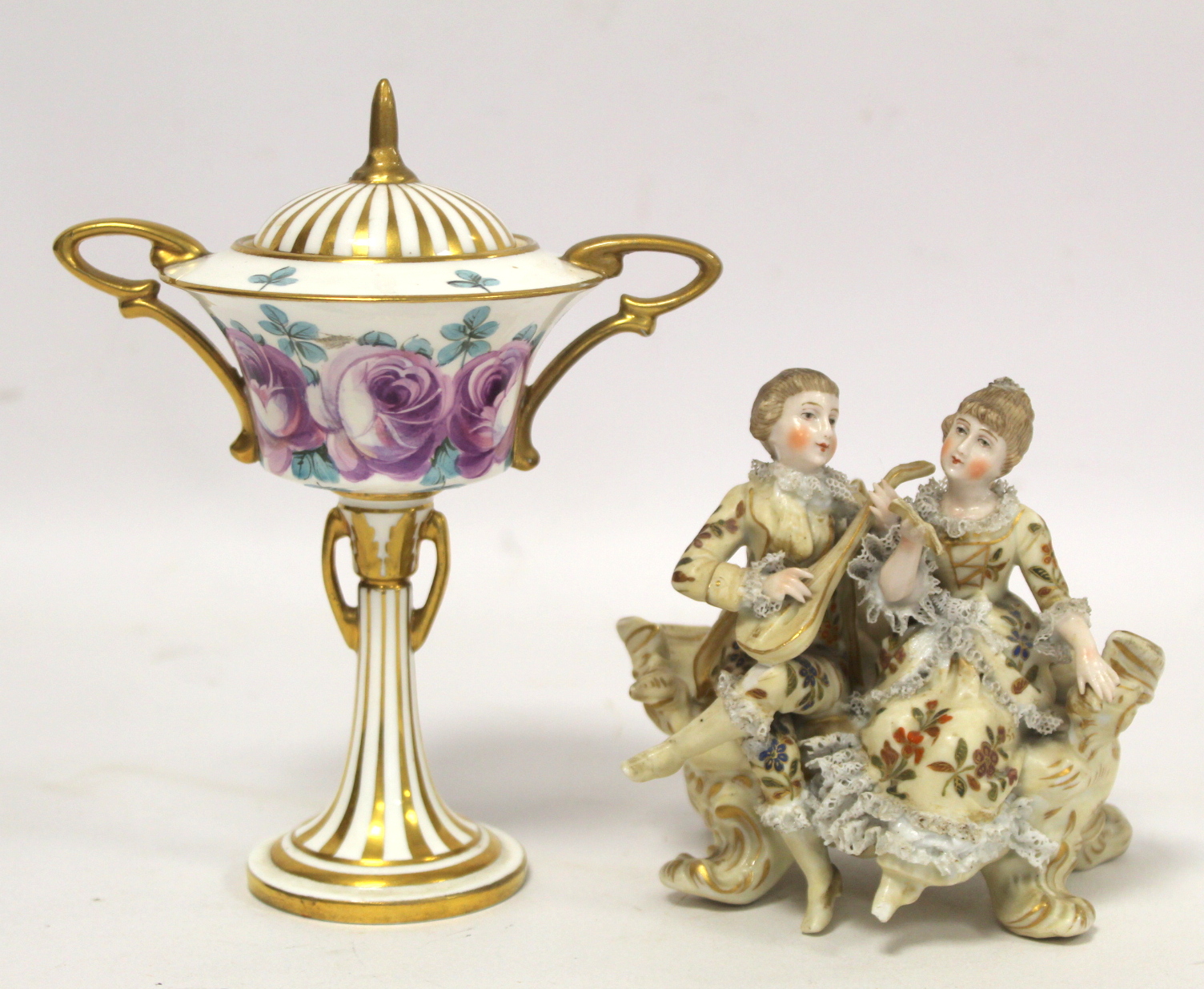 Late 19th century Minton Art Nouveau covered vase, the shallow flared bowl decorated with mauve