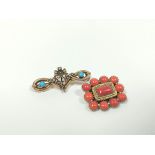 Georgian coral brooch and another with turquoise and pearls, both gold.