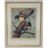 Ralston Gudgeon (Scottish 1910-1984) colour print of two magpies on a branch. 54cm x 42cm.