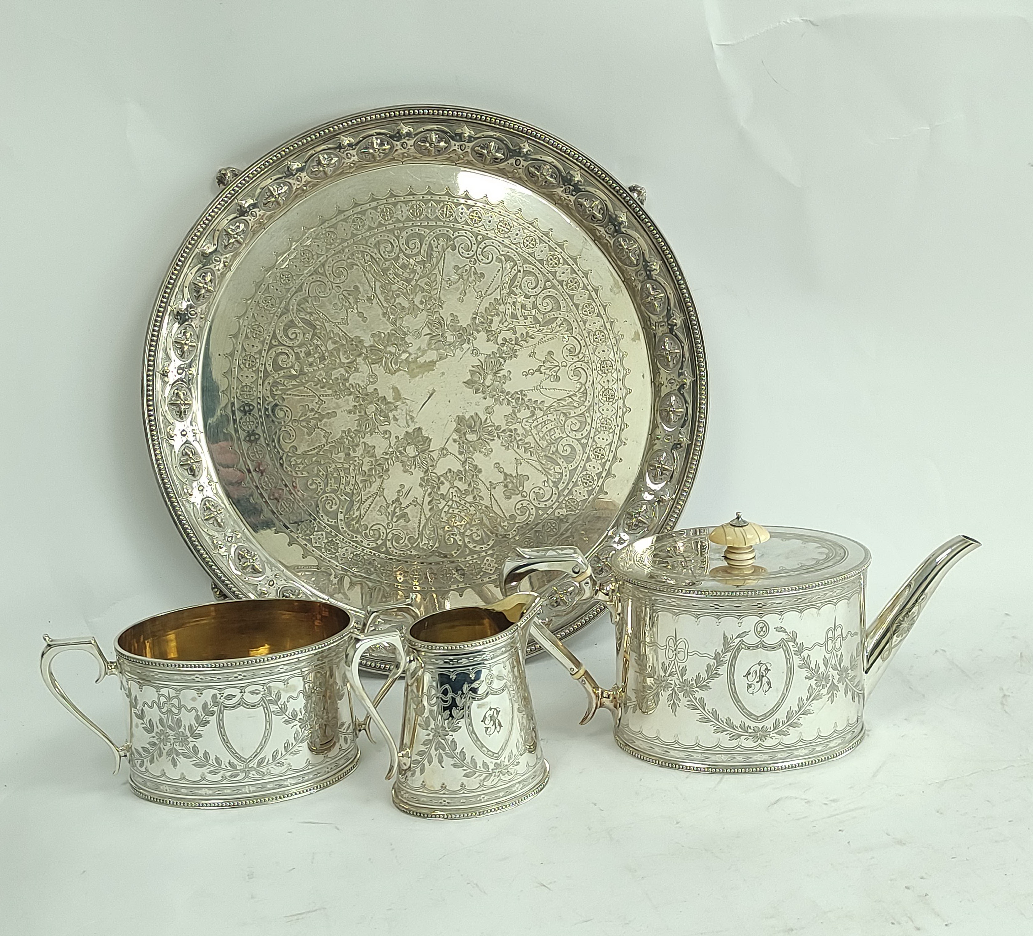 Victorian e.p. engraved three-piece tea set of late 18th century style with straight sides, with