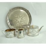 Victorian e.p. engraved three-piece tea set of late 18th century style with straight sides, with