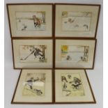 Set of six humorous hand coloured prints re. shooting and fishing, indistinctly signed in pencil,