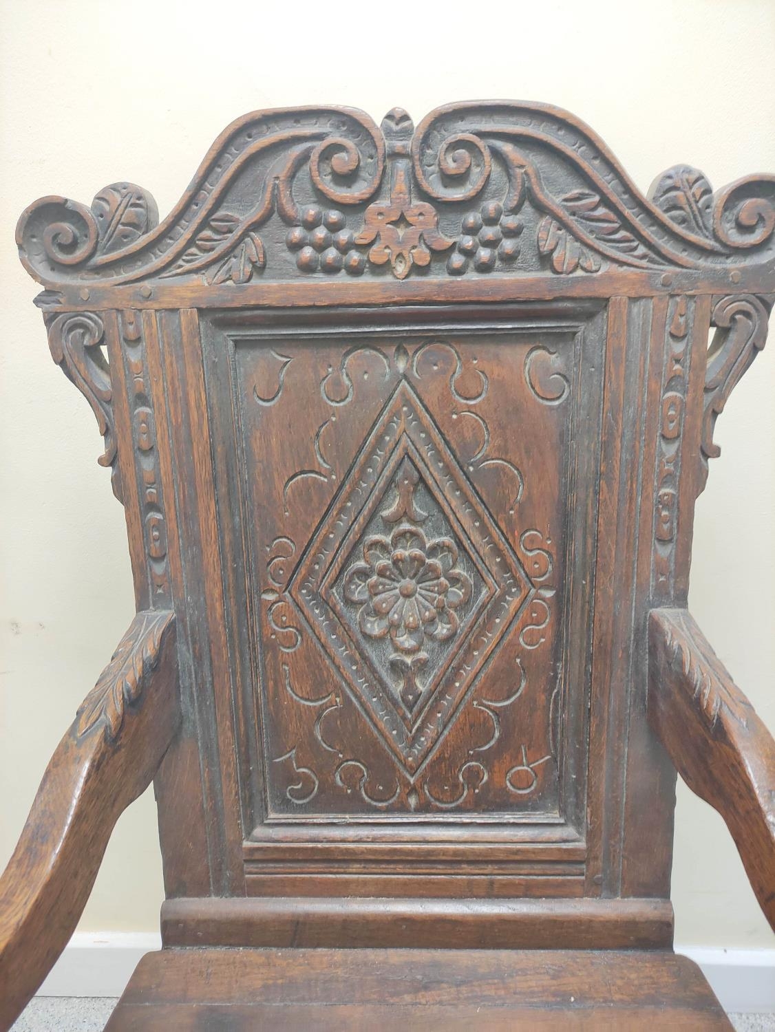 17th century and later oak wainscot armchair, North of England, the carved panelled back above - Image 3 of 6