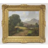 19th Century English School. A Lakeland landscape with figure crossing a packhorse bridge,