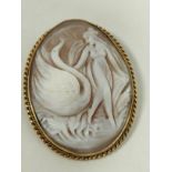 Cameo brooch carved with Leda and the swan, 9ct gold.