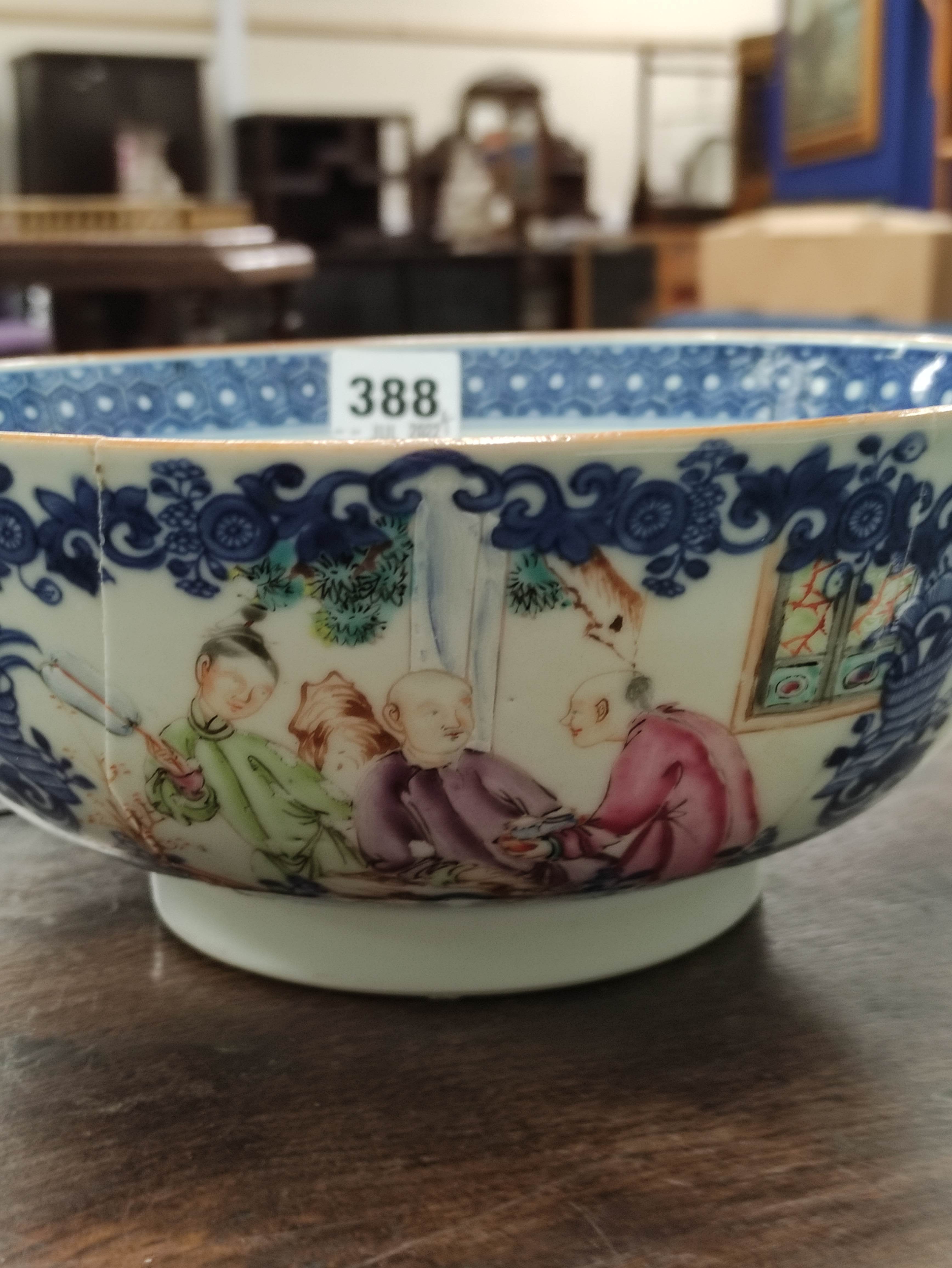 Four pieces of 18th century Chinese porcelain, comprising: circular punch bowl with polychrome - Image 8 of 16