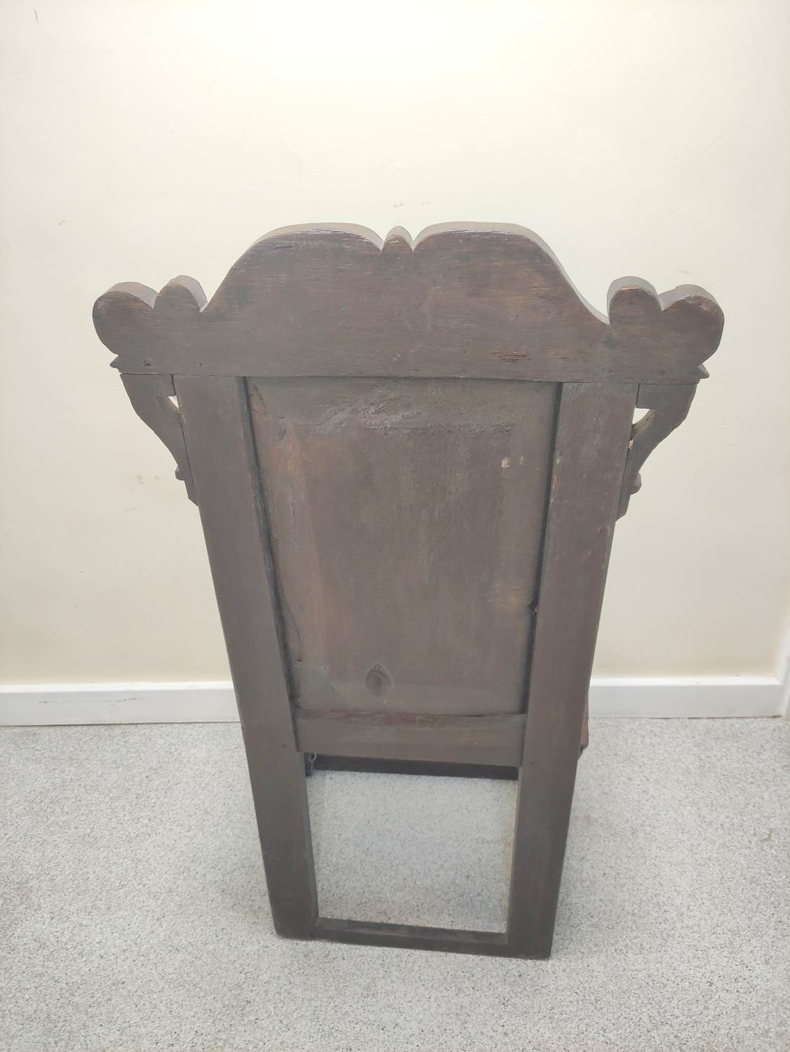 17th century and later oak wainscot armchair, North of England, the carved panelled back above - Image 6 of 6