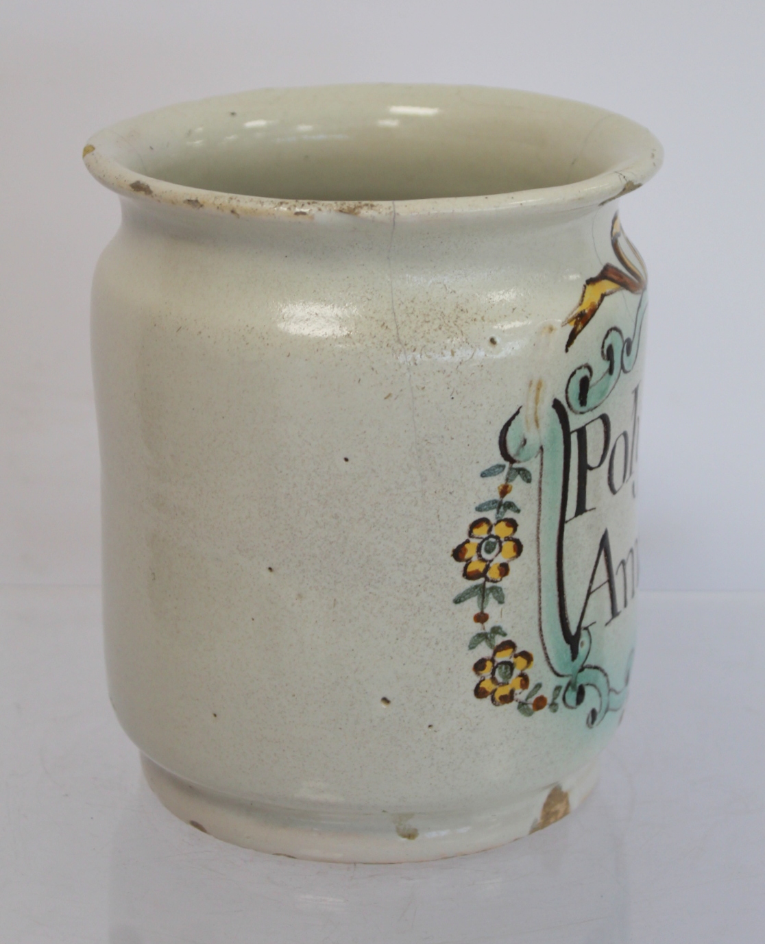 Continental maiolica tin glazed earthenware apothecary wet drug jar of cylindrical form, the - Image 2 of 10