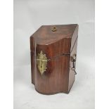 Georgian mahogany knife box with sloping top, the shaped front with elaborate brass lock and hasp,