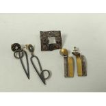 Silver and gold square brooch, a pair of rectangular drop earrings, silver fronted with gold and