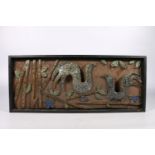 Danish studio pottery wall plaque decorated with relief birds on flowering branches, signed