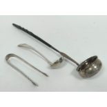 Georgian silver toddy ladle with inset coin 1758, a Scottish ladle and a sugar tongs, c1790,