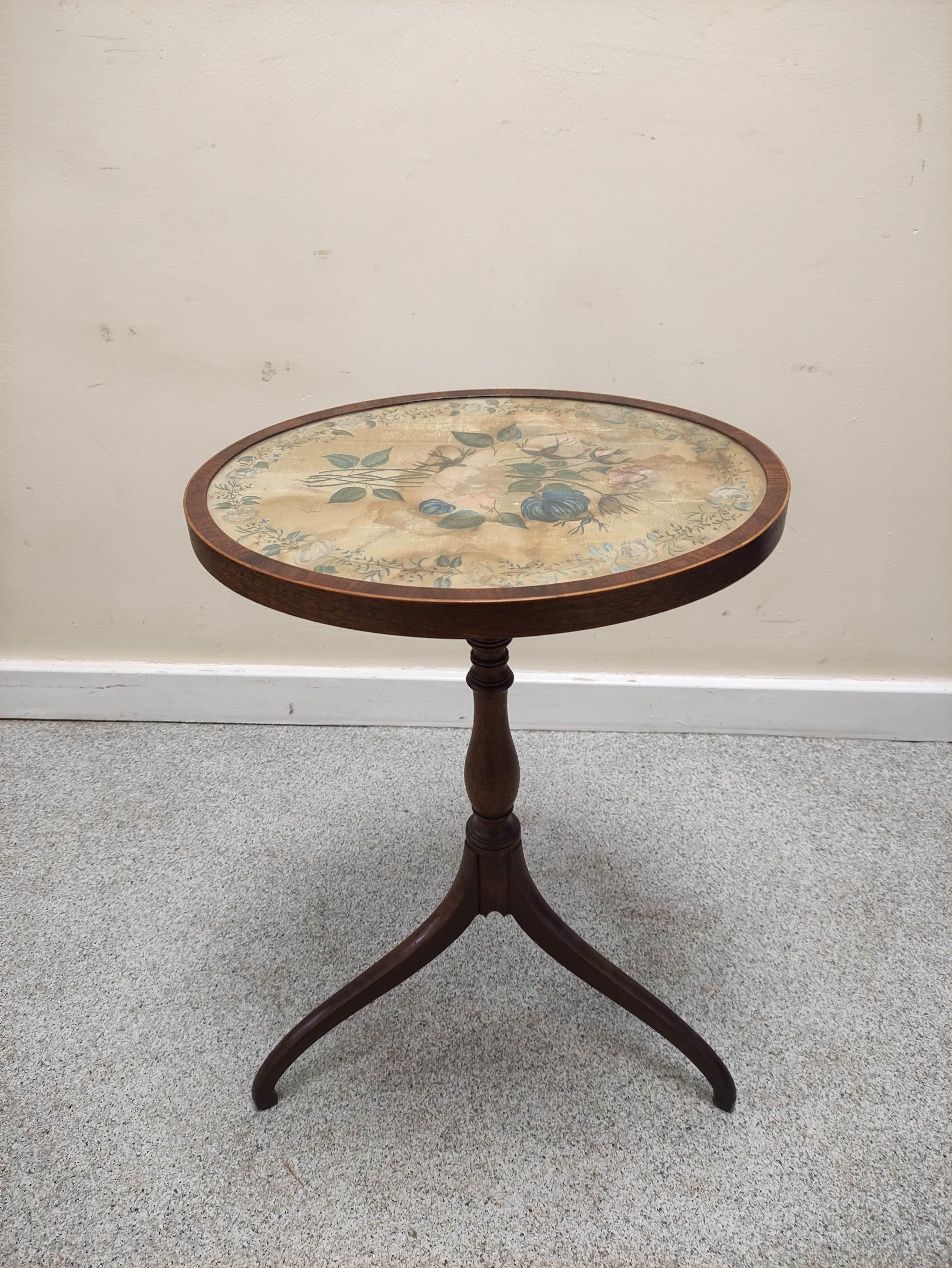 Early 19th century mahogany occasional table, the oval top with florally painted silk under glass - Image 2 of 4