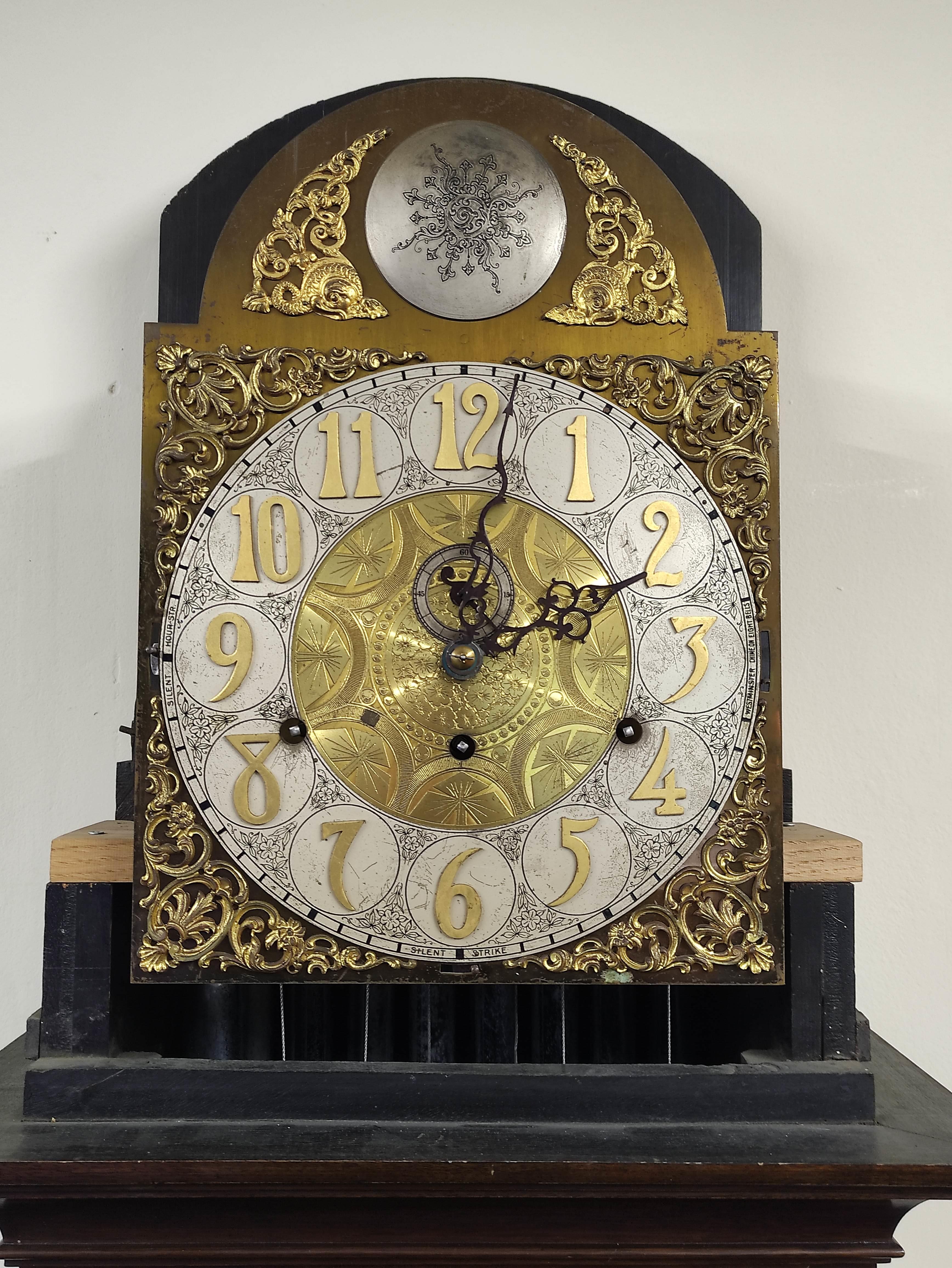 Early 20th century Continental three train long case clock, with silvered and brass dial, selection - Image 2 of 7