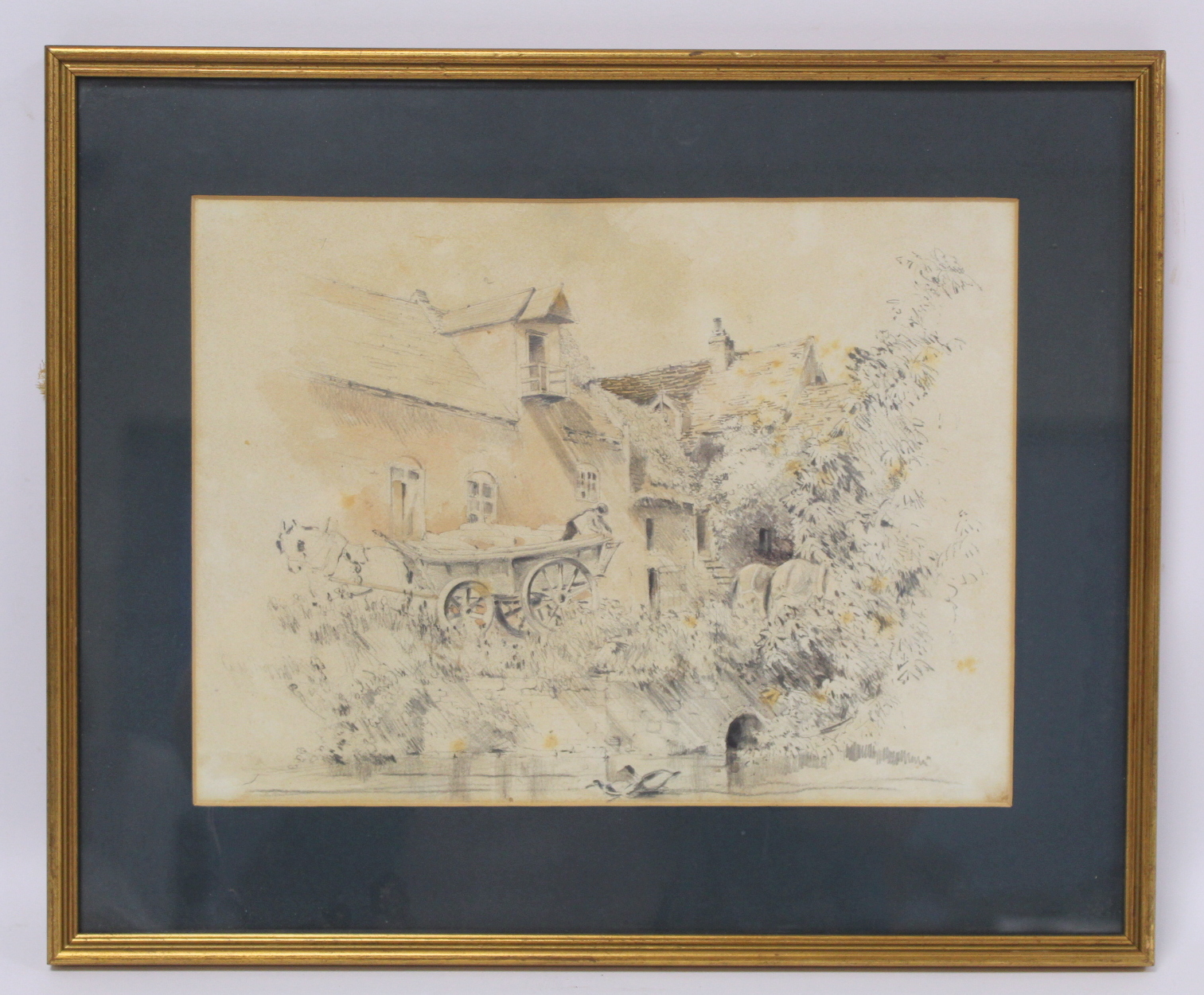 19th Century English School. Horse and cart by a mill. Pencil and wash. 21cm x 28cm.