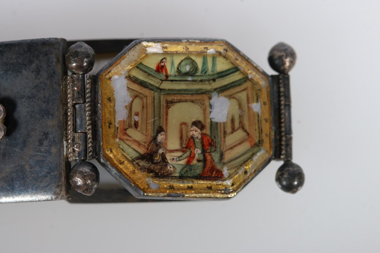 Two Persian bracelets with mother-of-pearl links depicting birds, temple and floral mosaic scenes on - Image 9 of 12