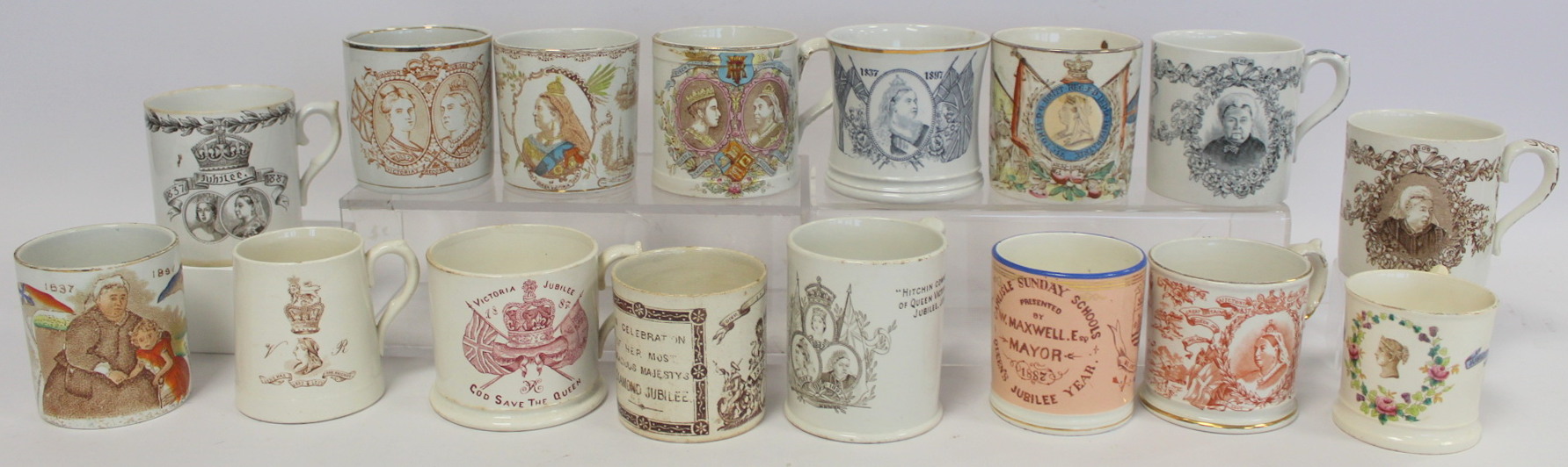 Collection of sixteen commemorative mugs for the Jubilees of Queen Victoria 1887 and 1897, including