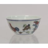 Chinese Doucai porcelain chicken bowl, the base with six character Chenghua mark within double