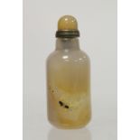 Chinese mottled brown and grey agate snuff bottle of cylindrical form with domed stopper. 8cm high.