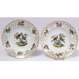 Pair of KPM Berlin porcelain plates with hand painted polychrome enamel decoration of birds and