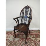 Gothic revival Windsor chair, with pierced lancet frame, shaped seat, on cabriole legs with pad