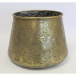 Egyptian brass pot of tapered circular form with incised panels depicting gods, mythical