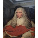 19th Century School. Portrait of a judge, red coat, white cravat and full wig. Oil.  24cm x 20cm.