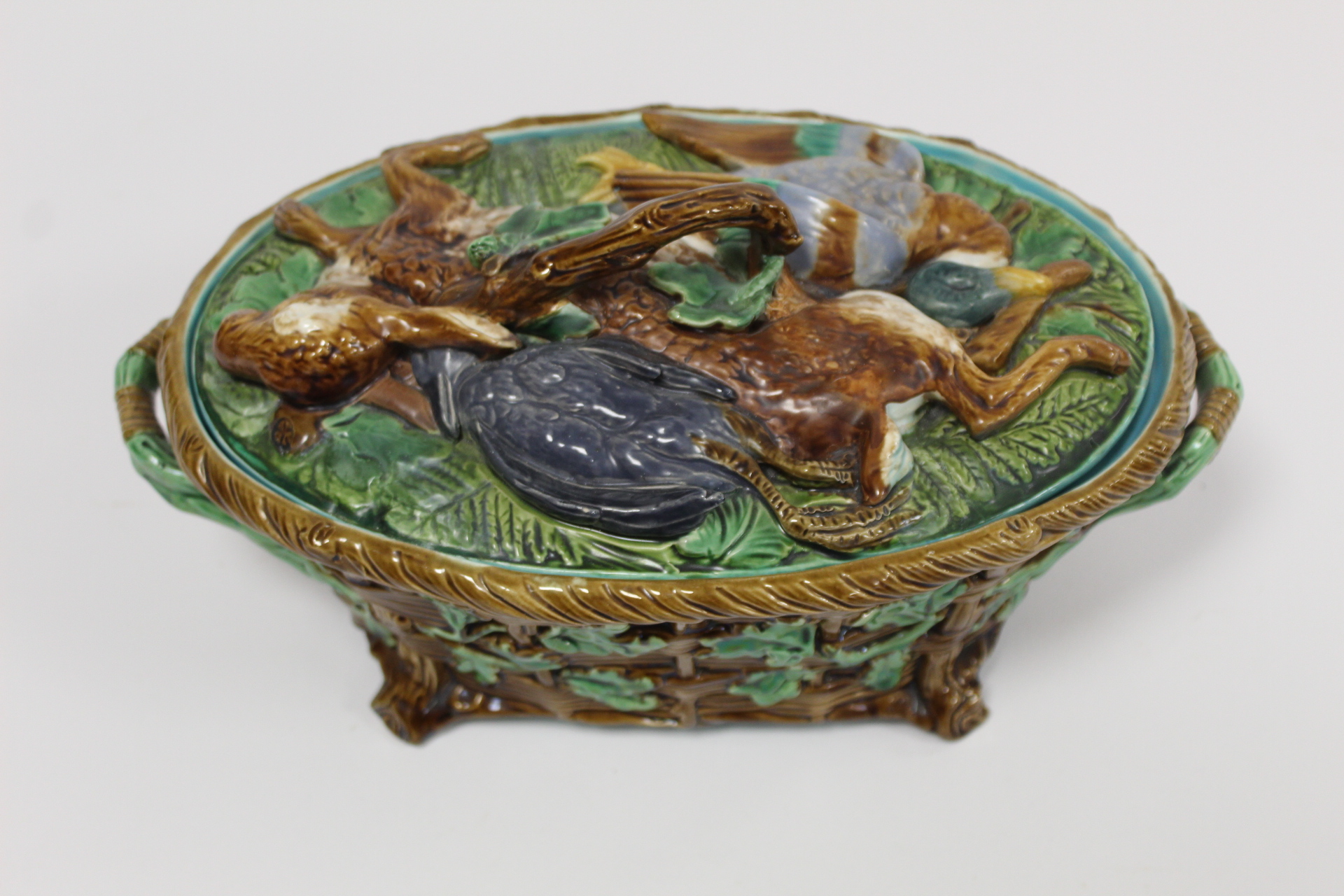 Victorian Minton majolica game pie tureen of twin handled oval form, the relief moulded naturalistic - Image 3 of 22