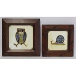 Two art pottery tiles by Kenji Funaki (Japanese B.1927) depicting an owl on a branch and a snail