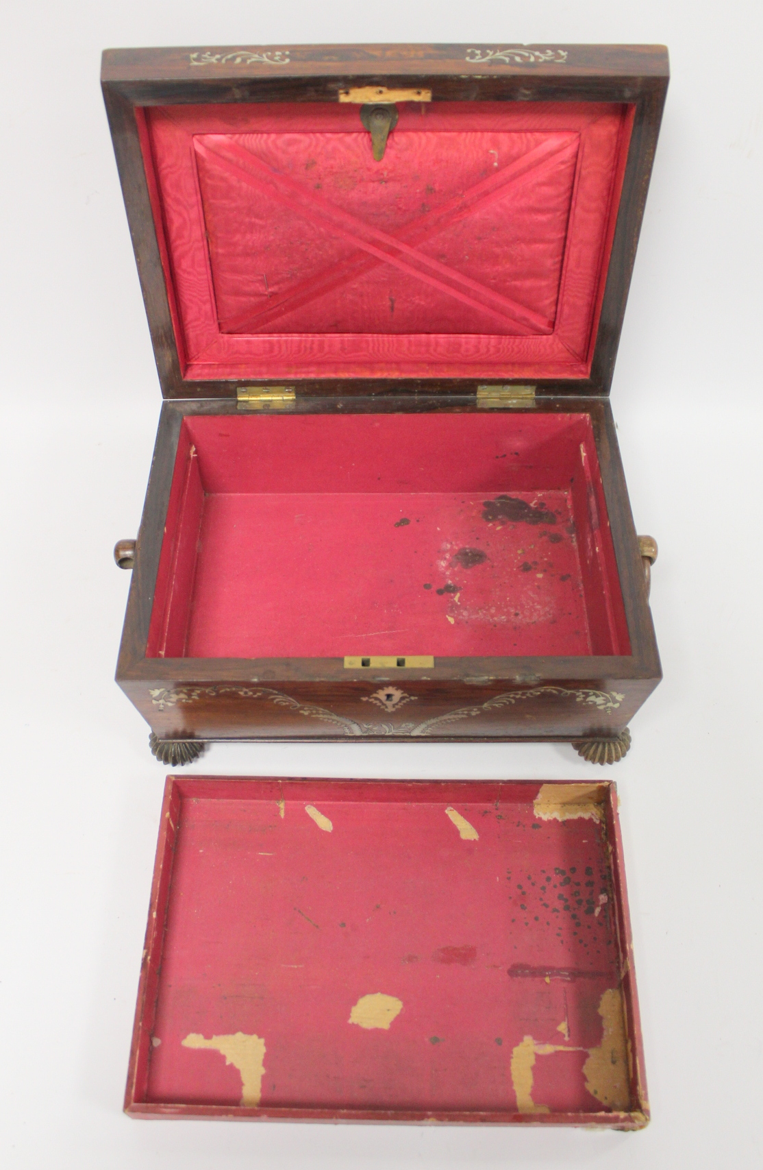 Early 19th century Regency rosewood workbox of twin handled sarcophagus form on four reeded bun - Image 10 of 13