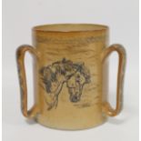 Large Doulton Lambeth stoneware tyg by Hannah Barlow with sgraffito portraits of ponies, the three